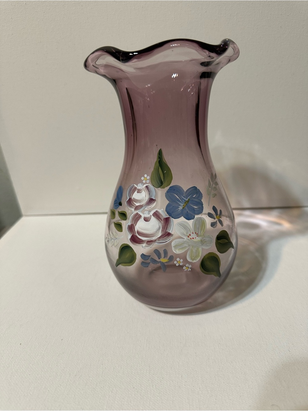 Fenton Glass Ruffle Vase - Purple Amethyst Hand Painted Flowers